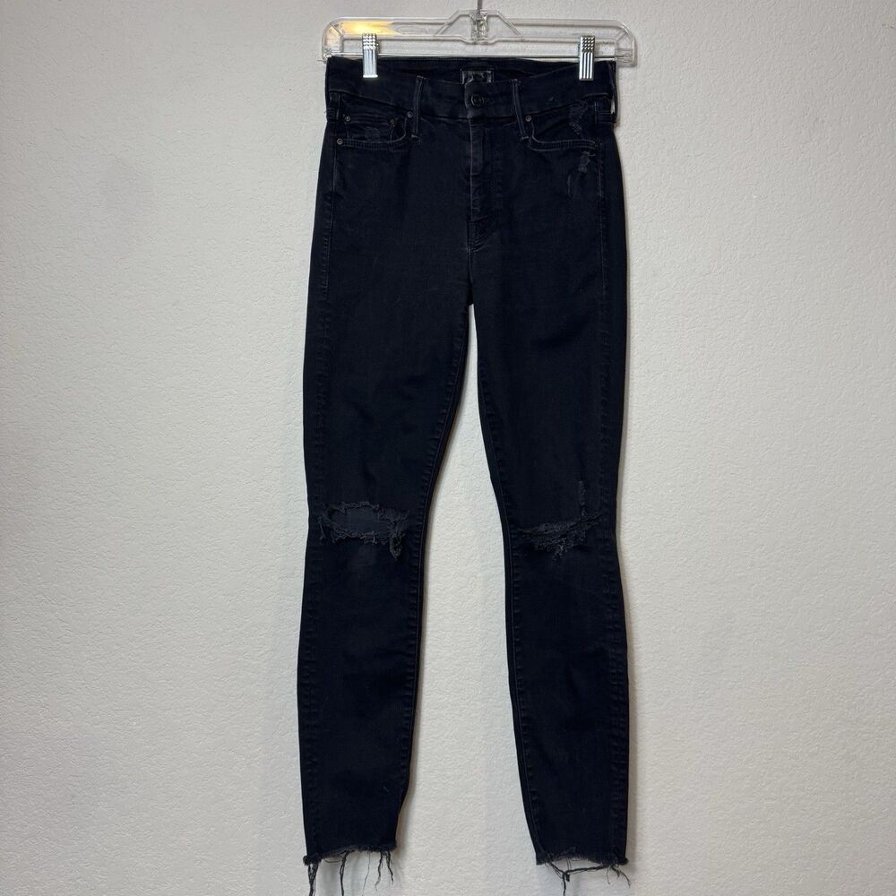Mother The Looker Ankle Fray Jeans in Guilty As Sin Black Distressed Denim Sz 24